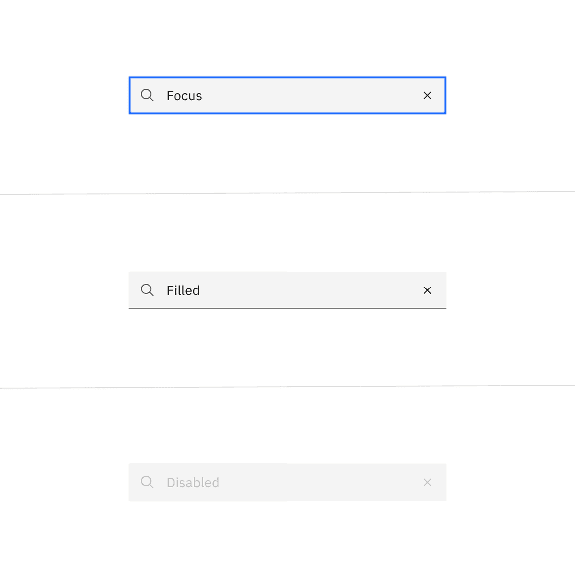 Examples of focus, filled, and disabled search states